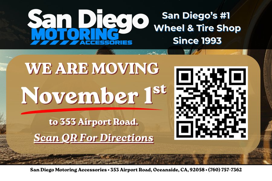We are moving November 1st to 353 Airport Road, Oceanside, CA 92058. Phone (760) 757-7362.